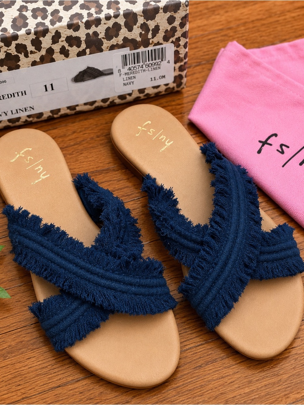 FS/NY Meredith Navy Linen Fringe Slide Sandals – Size 11 NWOT